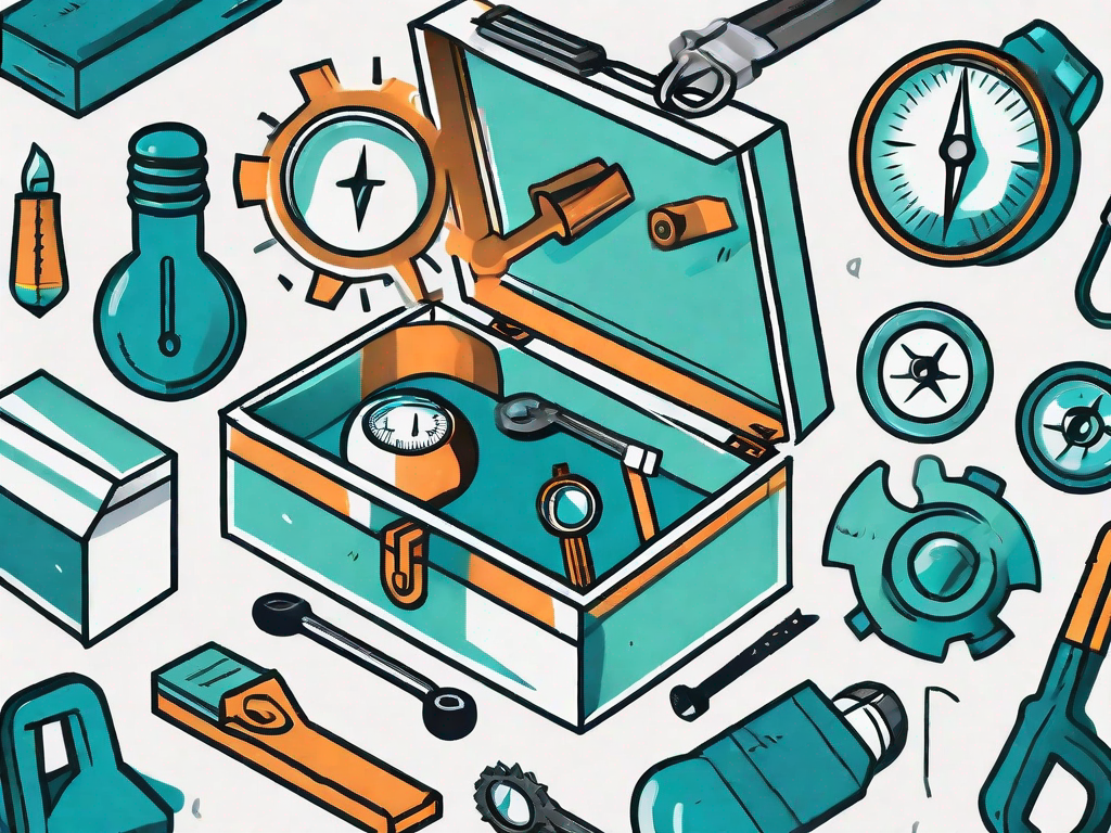 A toolbox filled with various tools such as a magnifying glass