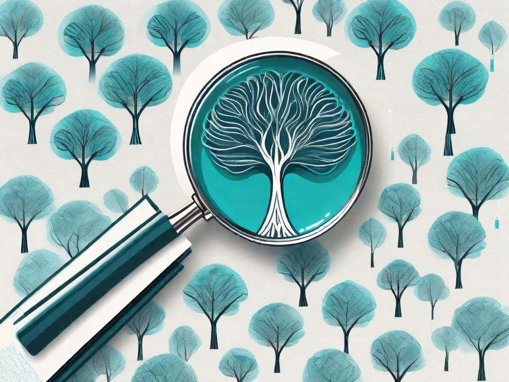 A magnifying glass hovering over a stylized tree made of interconnected pages