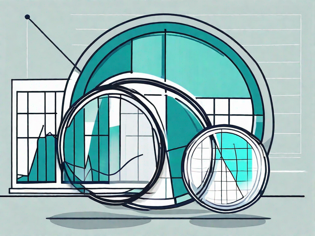 Two magnifying glasses over a bar graph and a pie chart