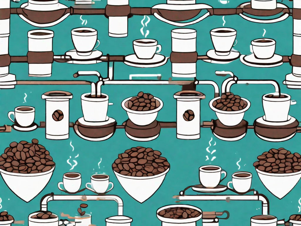 A pipeline interwoven with java coffee beans and bitbucket icons