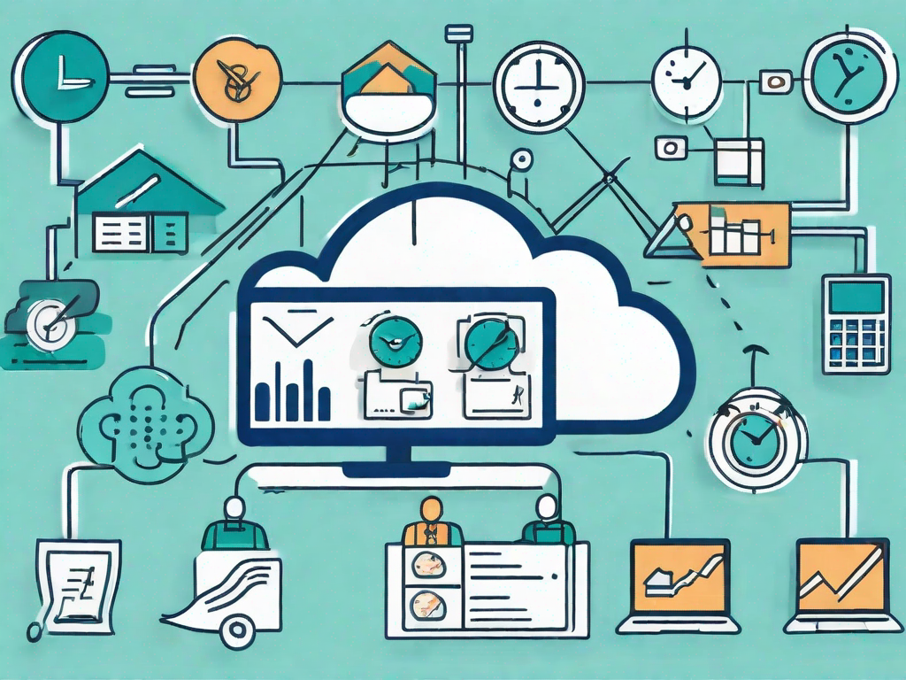 A cloud symbol with various project management icons (like a checklist