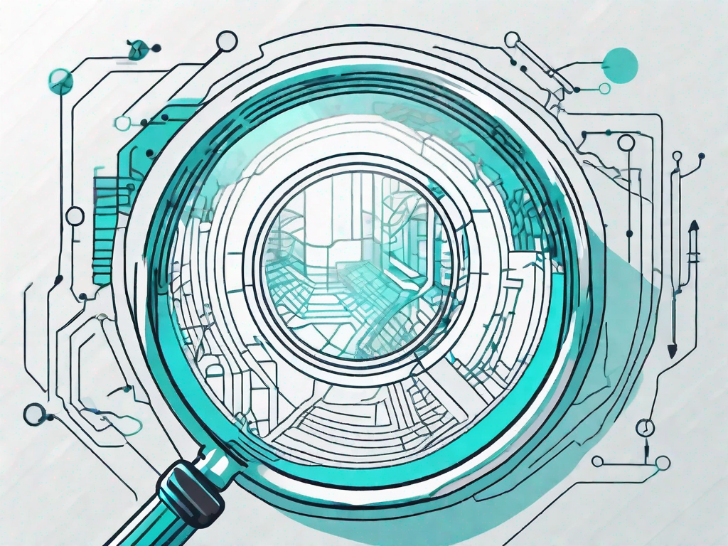 A magnifying glass hovering over a complex digital interface