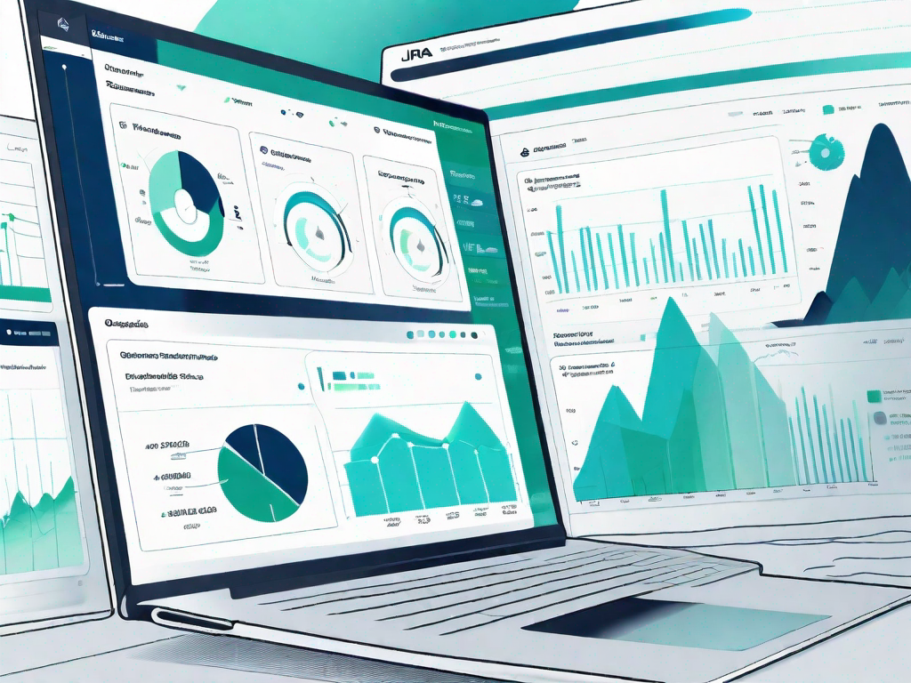 A computer screen displaying a detailed and organized jira software cloud dashboard with various visual elements like charts