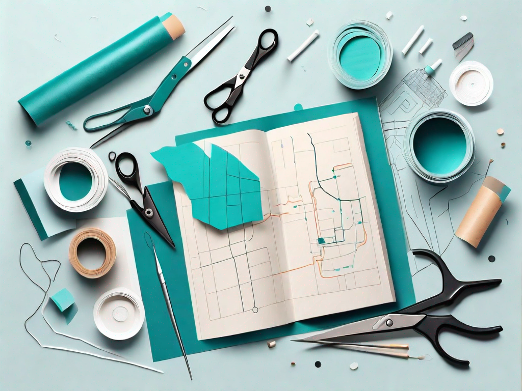 A detailed roadmap with various craft tools like scissors