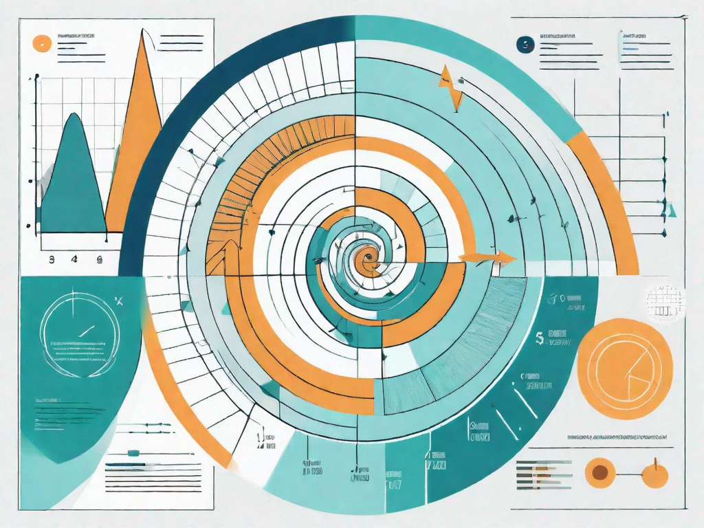 A fibonacci spiral intertwined with various project management symbols such as charts