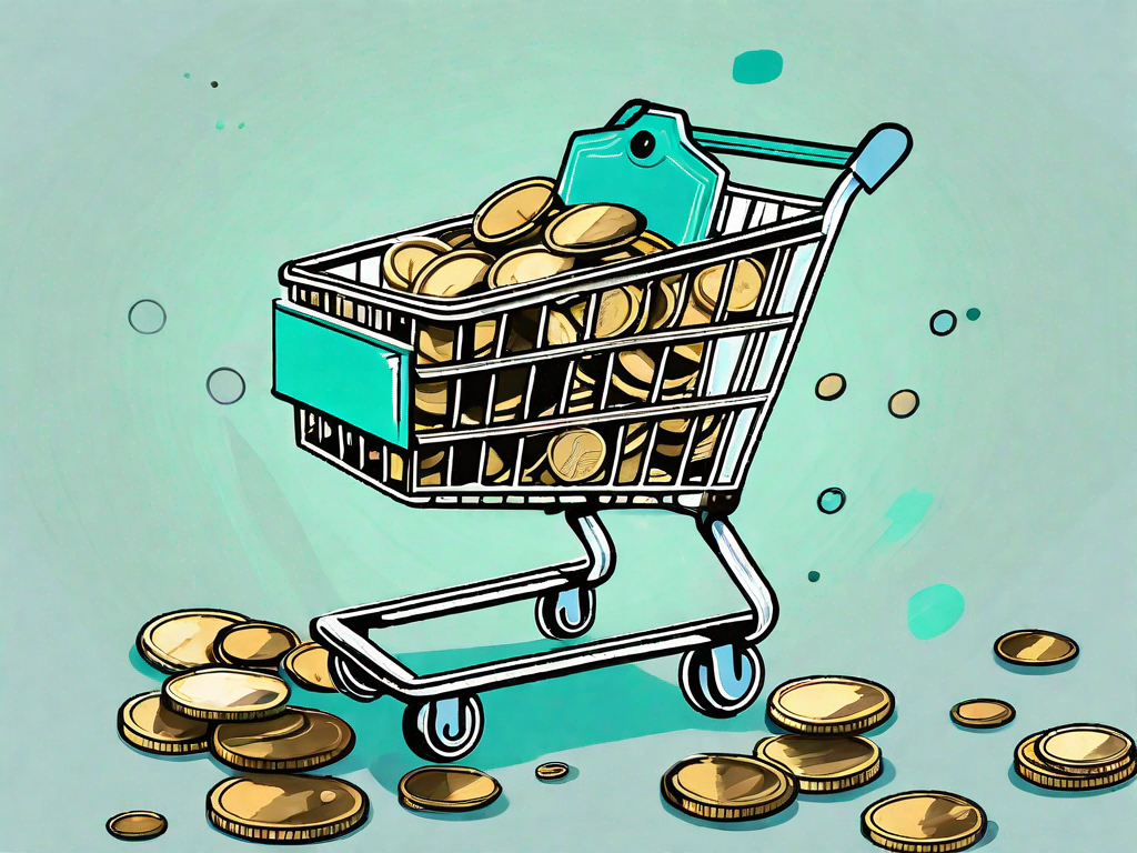 A shopping cart filled with coins and a price tag attached to it