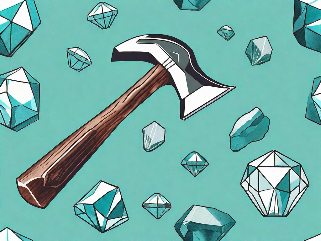 A craftsman's tools such as a hammer and chisel shaping a raw gemstone into a brilliant diamond