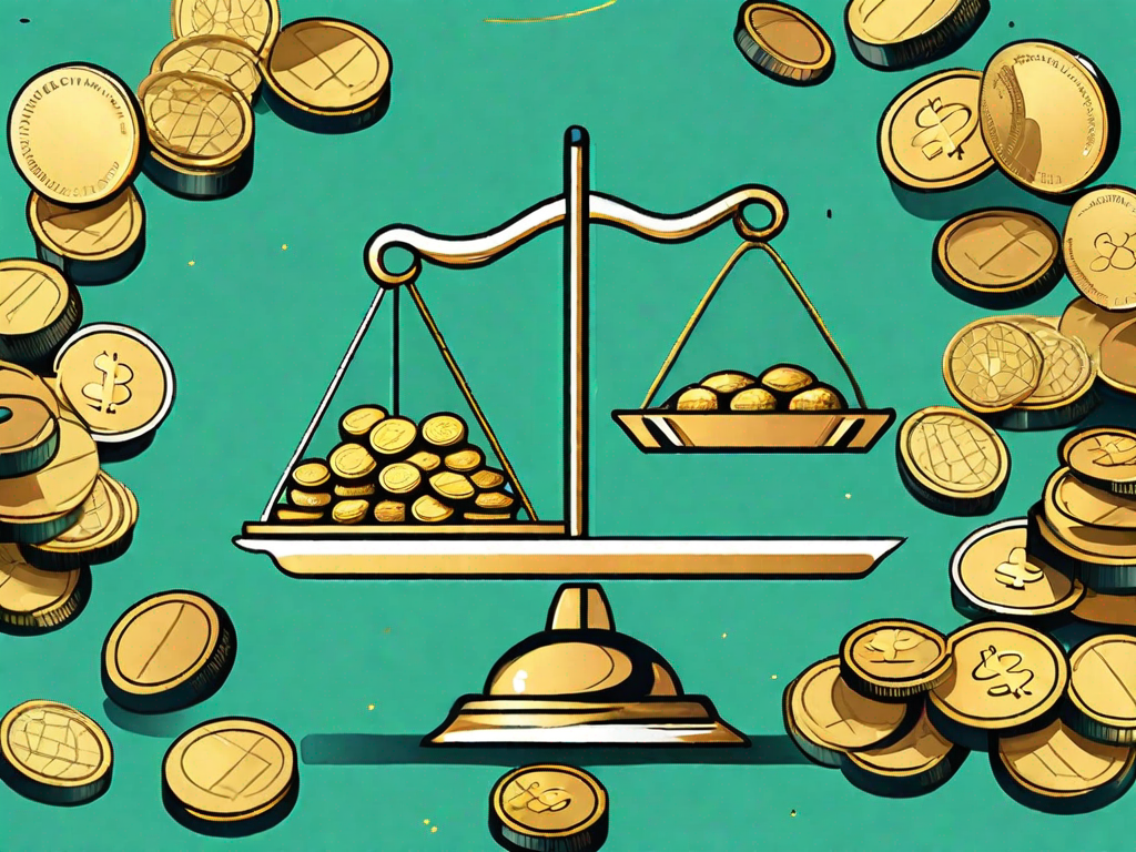 A balance scale with a pile of gold coins on one side and a product (such as a smartphone or a car) on the other