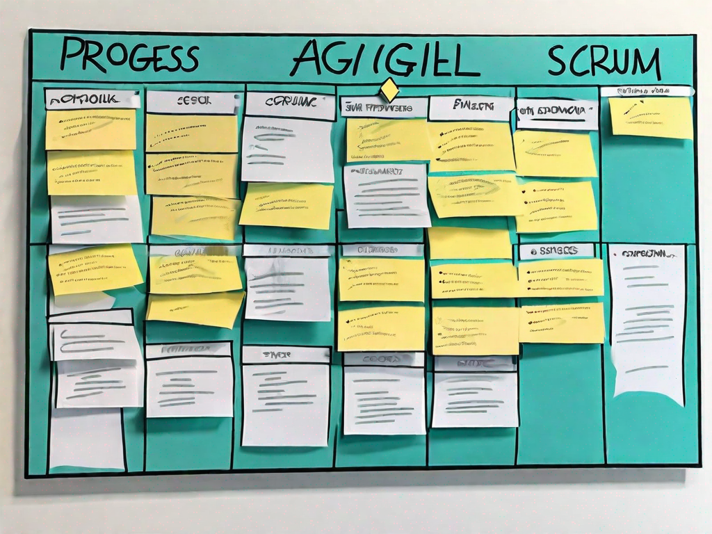 A board with sticky notes arranged in columns representing different stages of the scrum agile framework