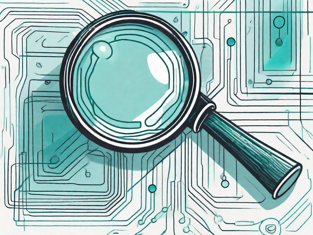 A magnifying glass examining a stylized computer interface