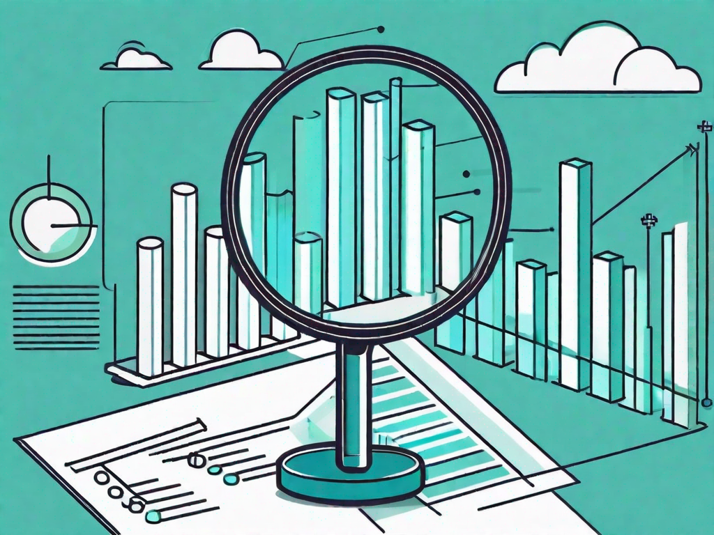 A magnifying glass hovering over a series of bar graphs and pie charts to represent the process of data analysis in cohort analysis