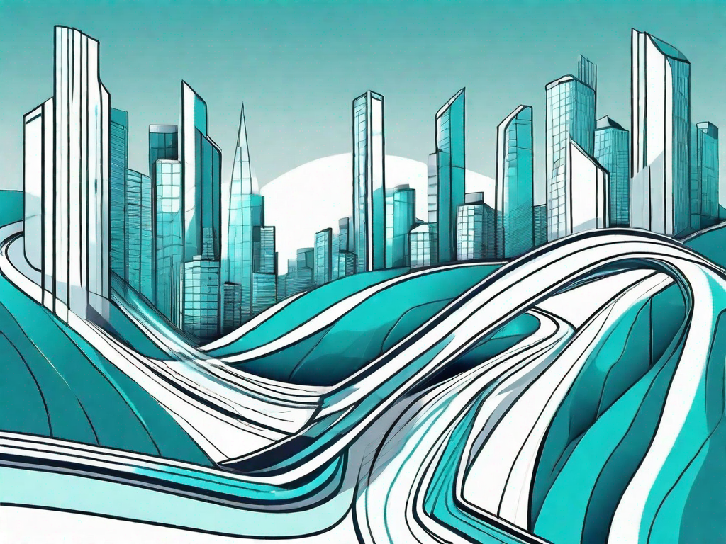 A winding road transforming into a futuristic city skyline