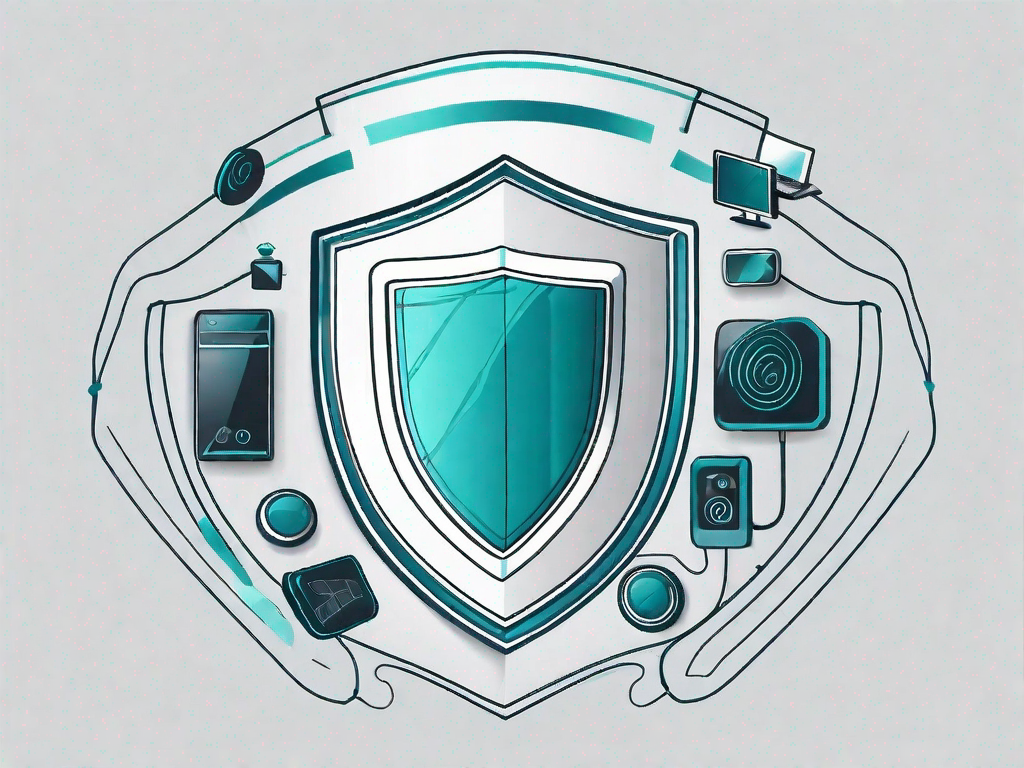 A shield symbolically protecting a variety of tech gadgets to represent the mitigation of product vulnerability