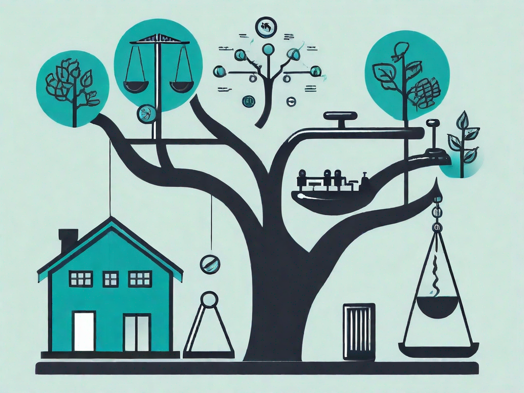 A balanced scale with different symbolic icons representing various stakeholders such as a factory for industry