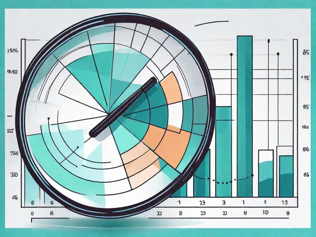 A magnifying glass hovering over a pie chart and bar graphs