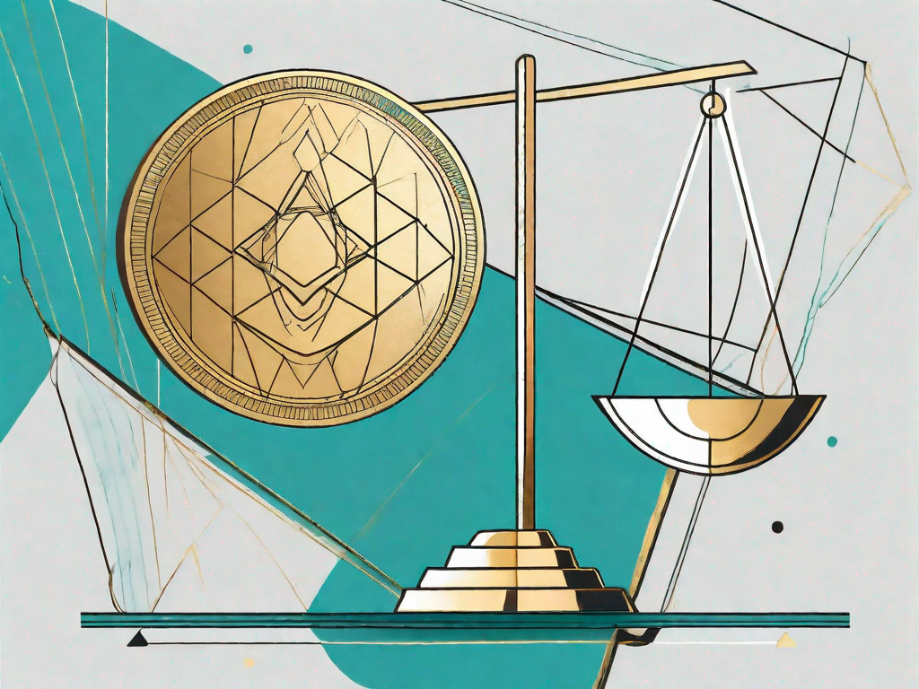 A scale balancing a golden coin (representing value) on one side and a complex geometric shape (representing complexity) on the other