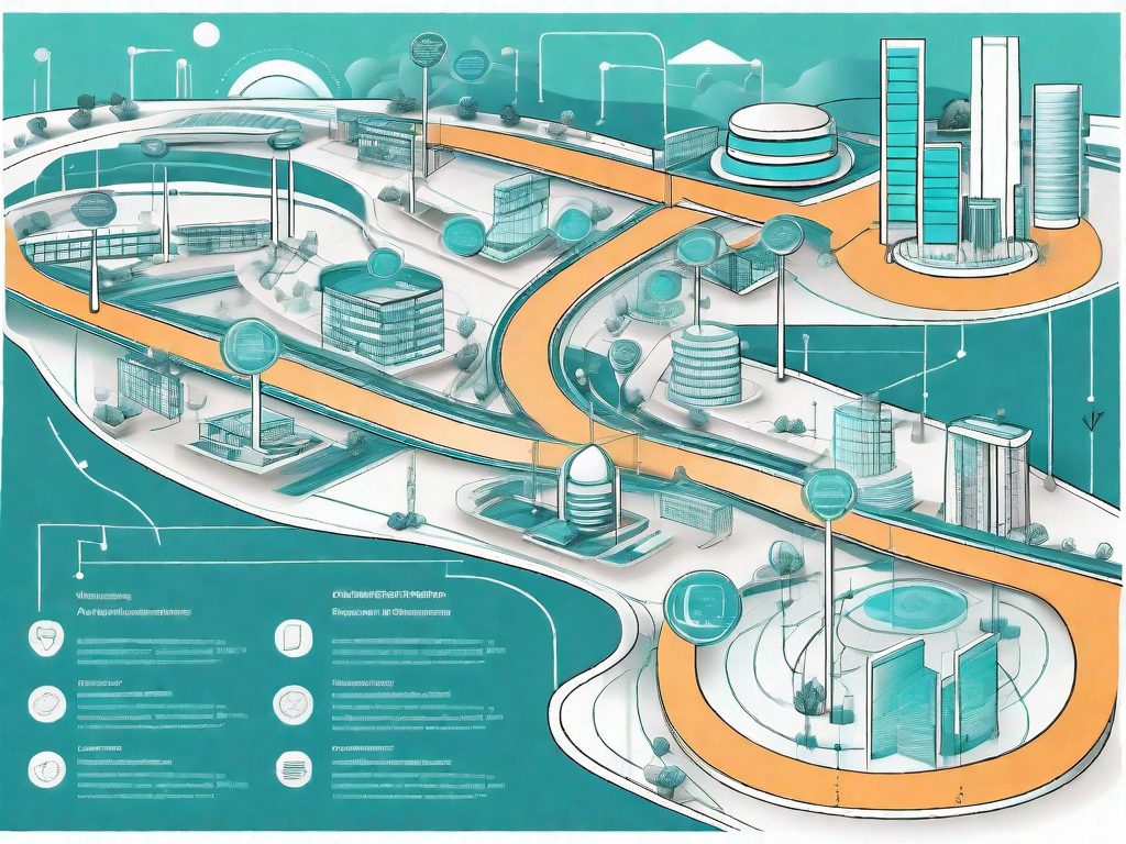 A complex roadmap with various architectural symbols and structures