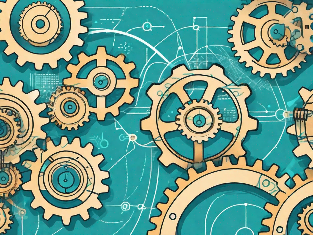 Various stages of software development represented by connected gears