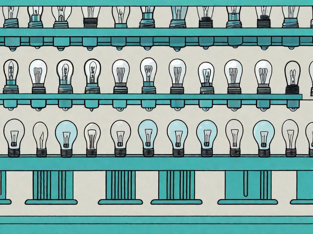 A neatly organized backlog of light bulbs (representing ideas) on a conveyor belt