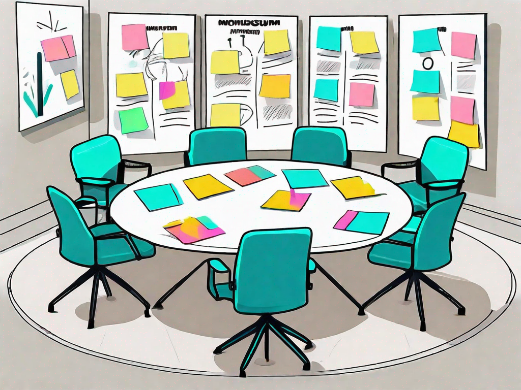 A meeting room setup with a scrum board filled with colorful sticky notes