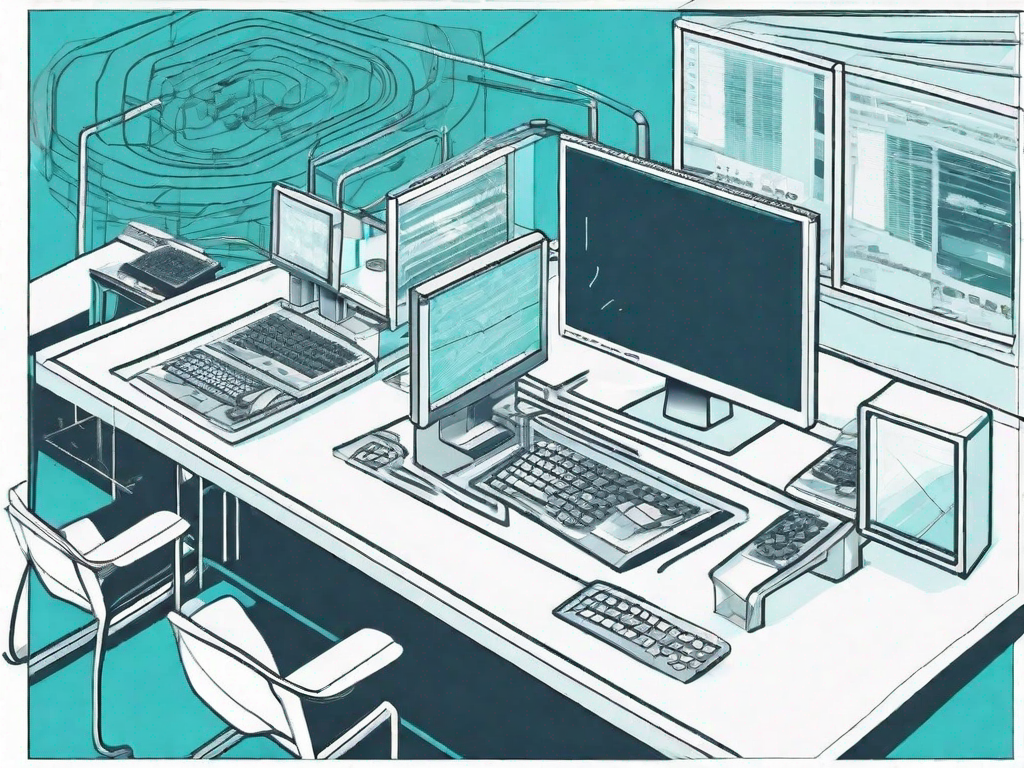 A conveyor belt with various stages of software development leading to a computer screen showing a successful deployment