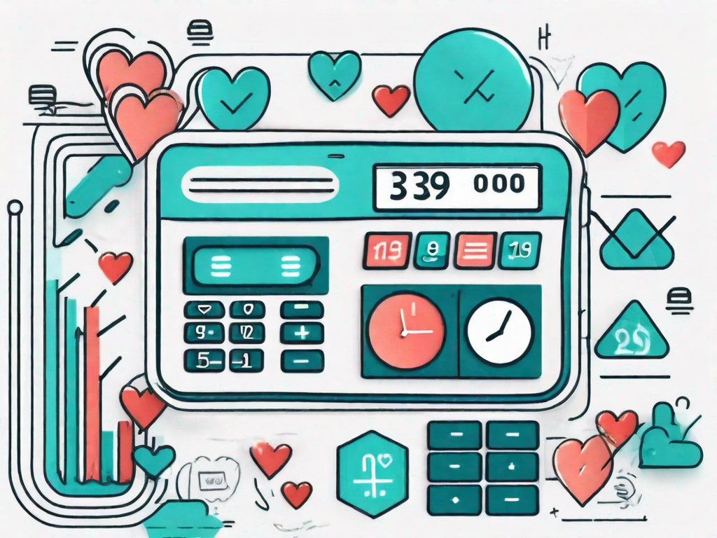 A digital calculator with various product icons and engagement symbols (like hearts