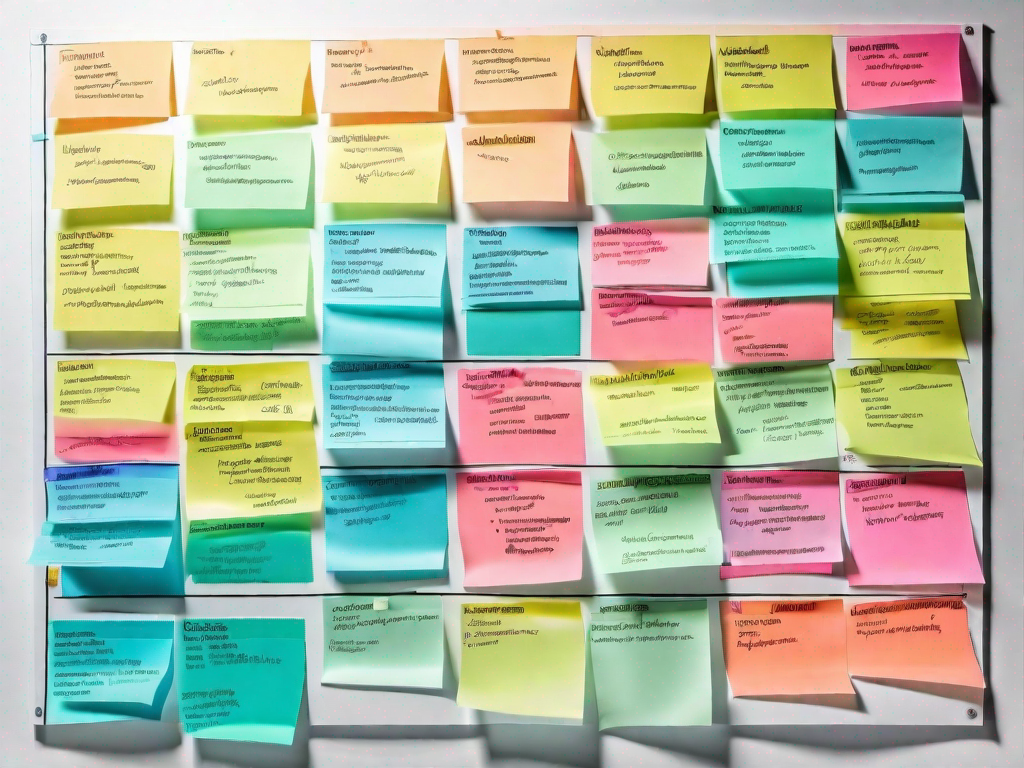 An affinity diagram with various colored sticky notes grouped into categories on a large board