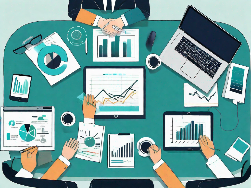 A conference table with various project management tools such as charts