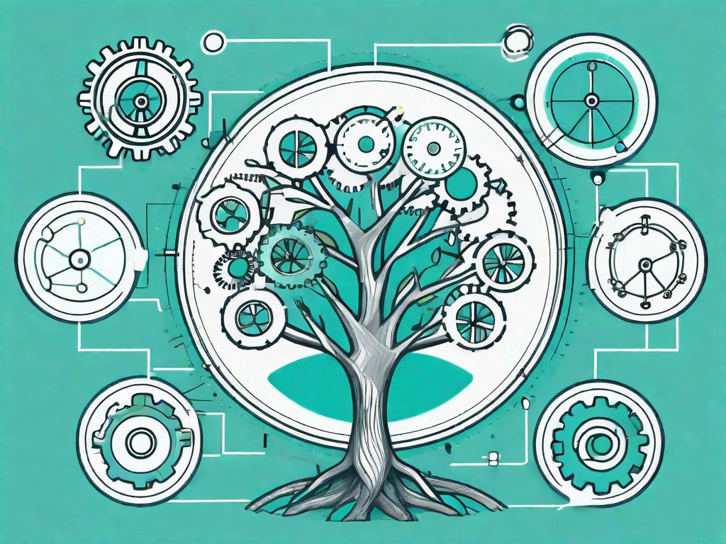 A flourishing tree with different components of a product like gears