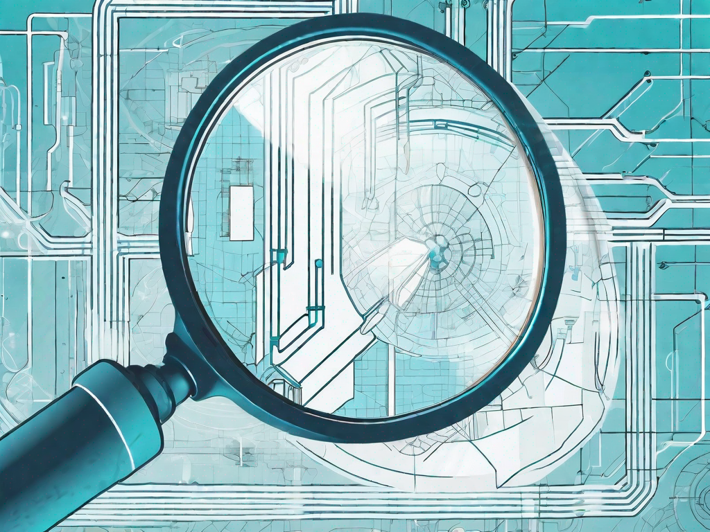 A magnifying glass hovering over a complex blueprint of a software system