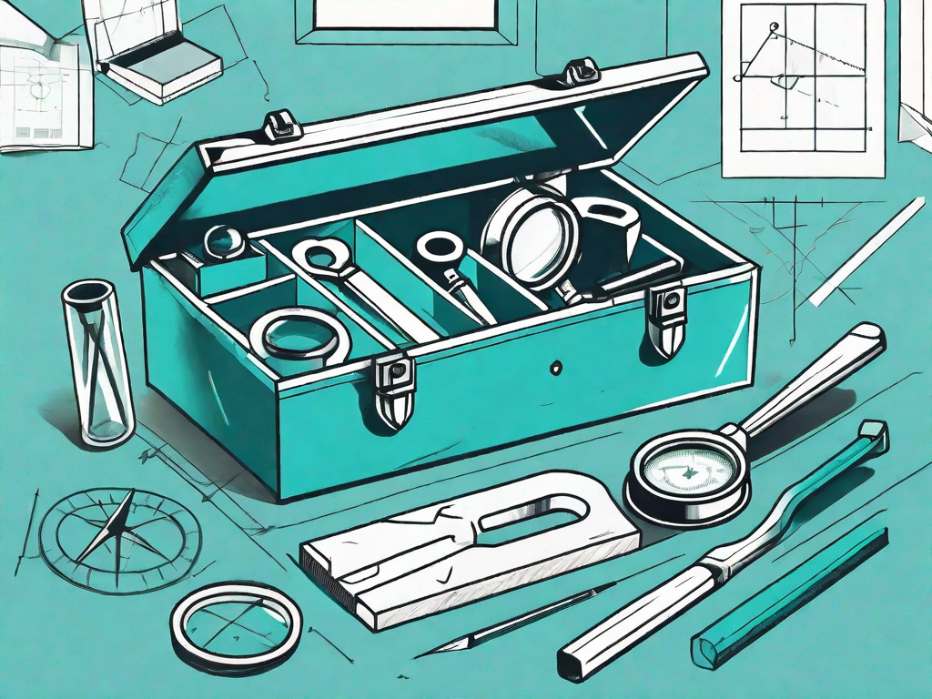 A toolbox filled with various tools symbolizing different aspects of product requirements management such as a magnifying glass for analysis