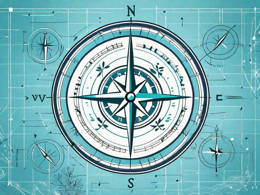 A compass pointing towards symbols of growth like upward arrows and plants