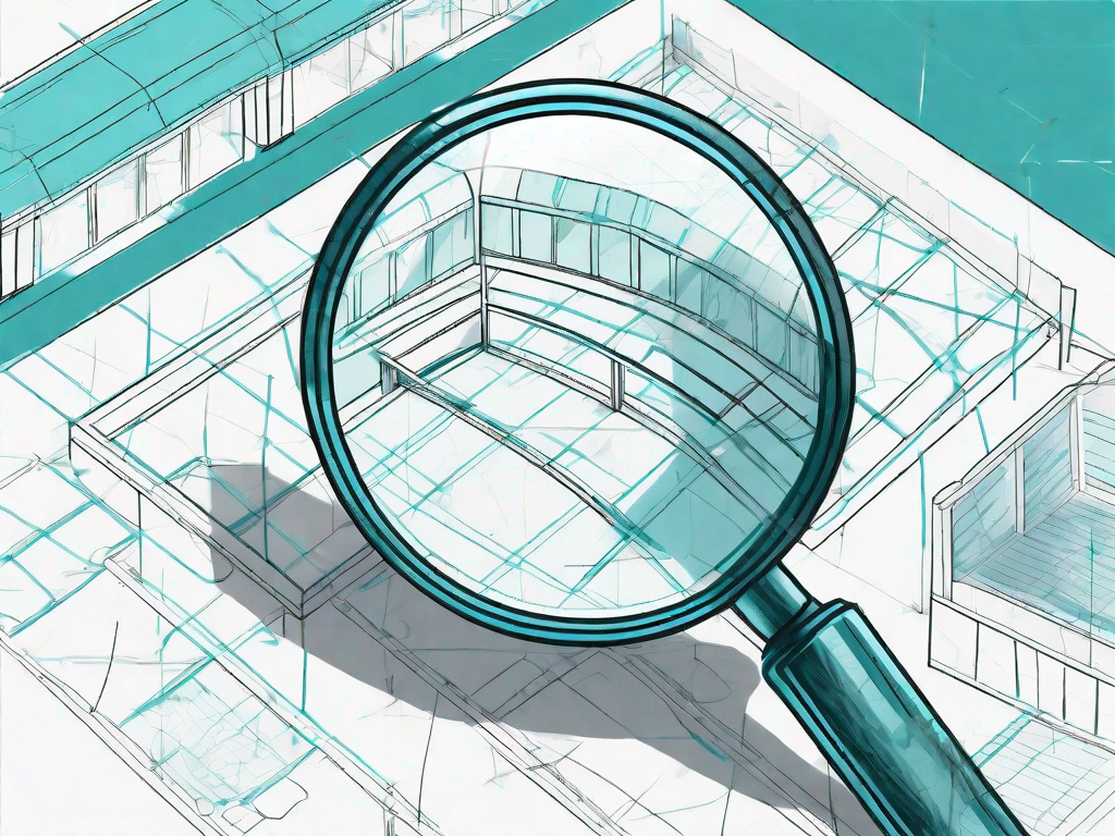 A magnifying glass hovering over a detailed blueprint of a market stall