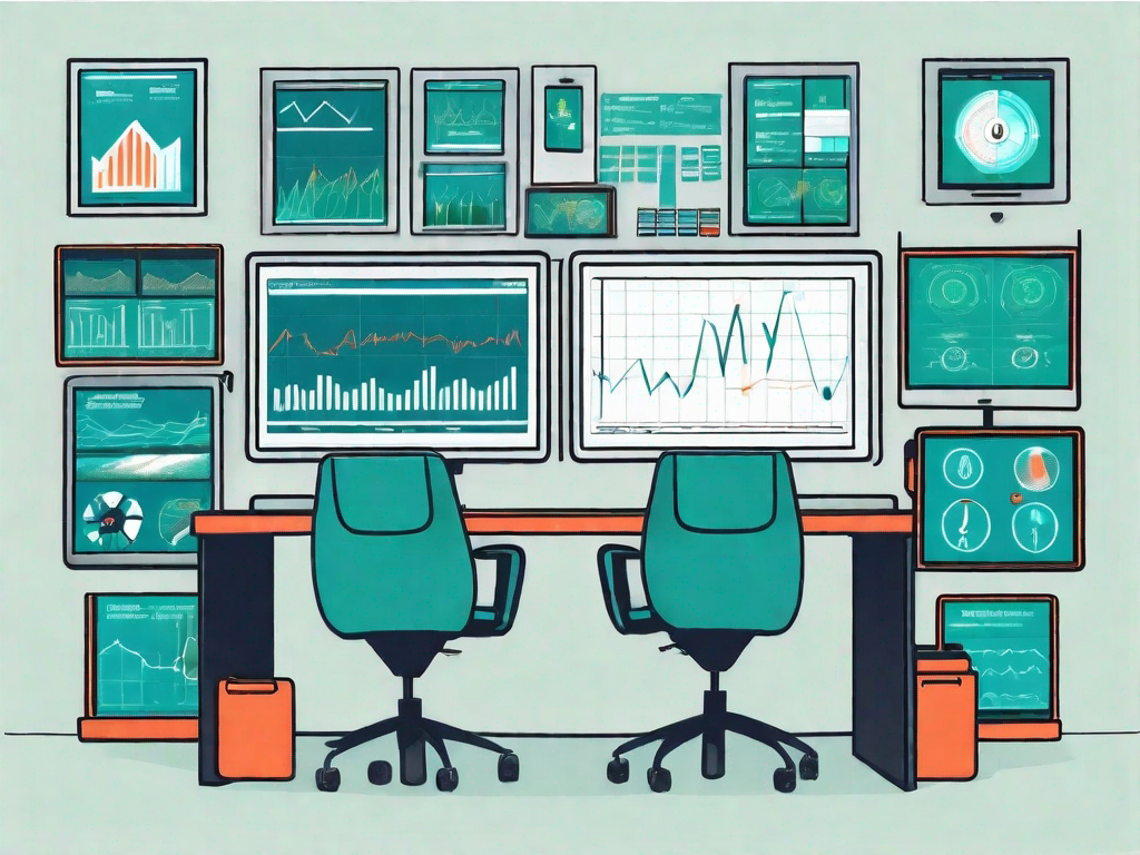 A control center with various screens displaying different types of graphs and charts