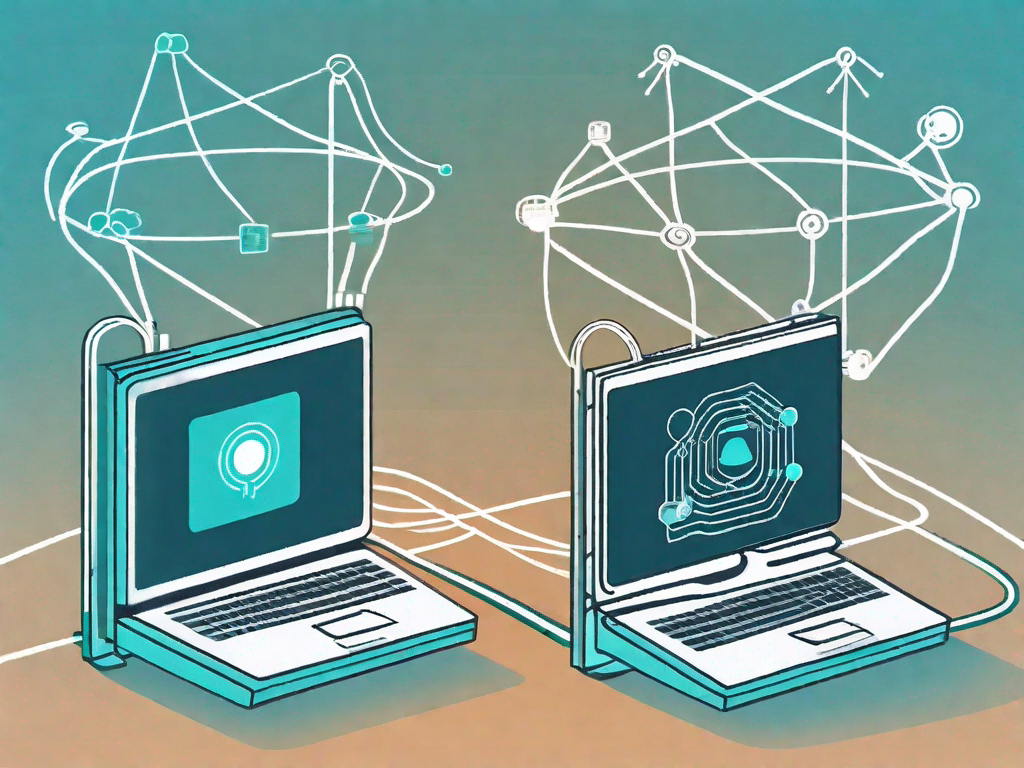 Two computers side by side with lines connecting them