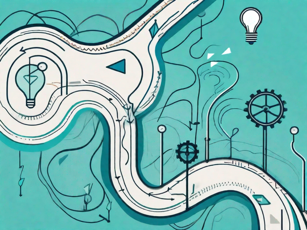 A winding road with various abstract symbols (like gears