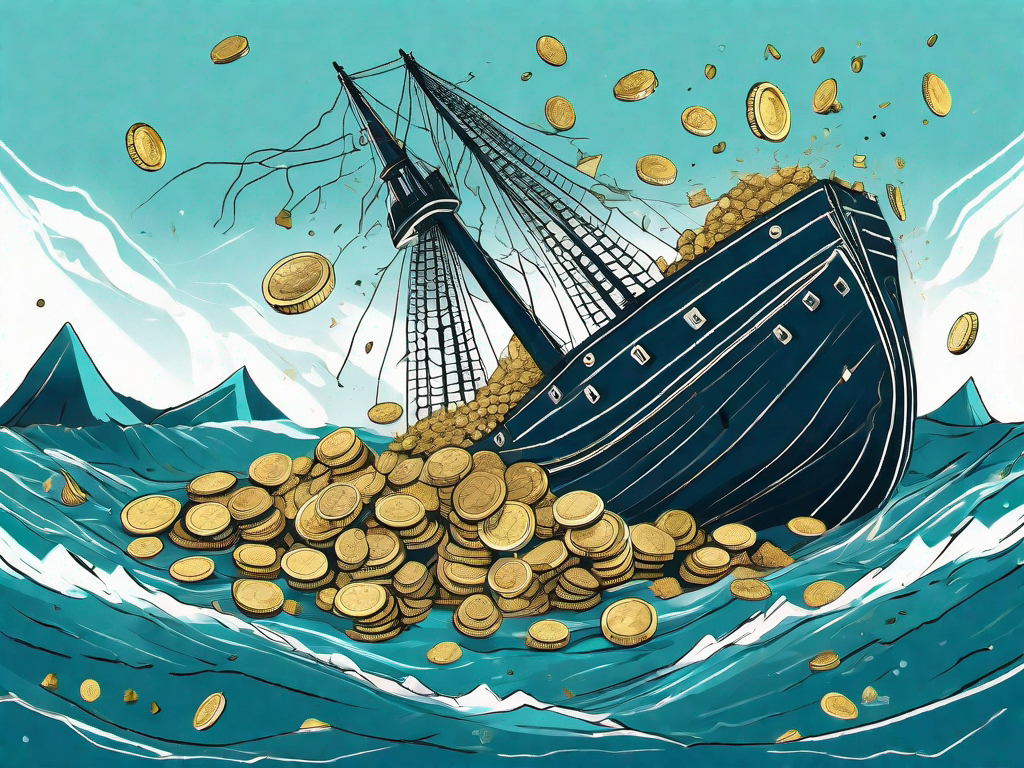 A sinking ship with various valuable items like gold coins