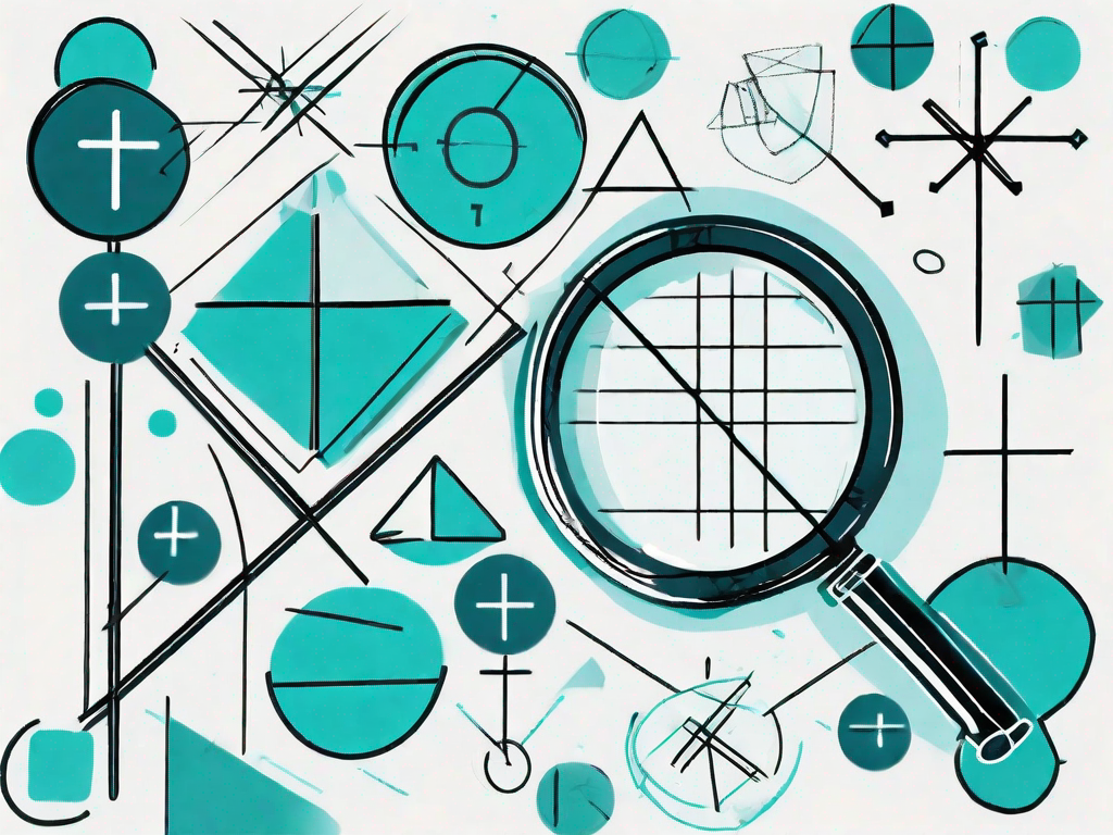 A magnifying glass closely examining a set of different geometric shapes