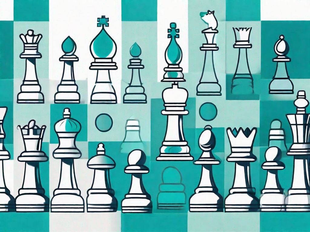 A chessboard with various product icons as chess pieces