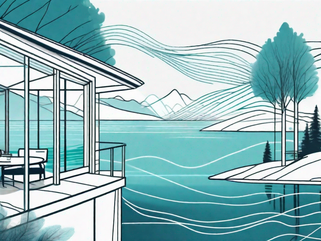 A serene lakehouse with visible data streams flowing into it