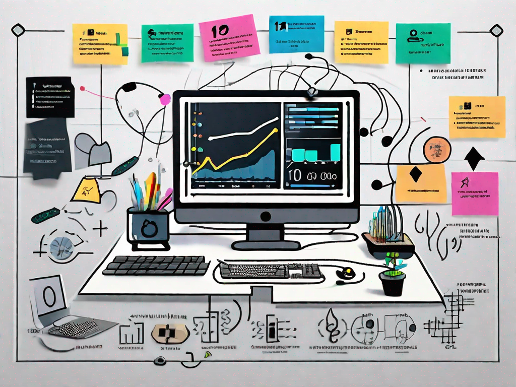 A computer screen displaying a miro board with various planning elements like sticky notes