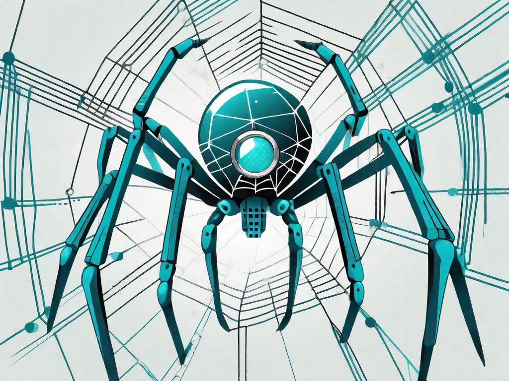 A spider robot navigating through a web made of binary code