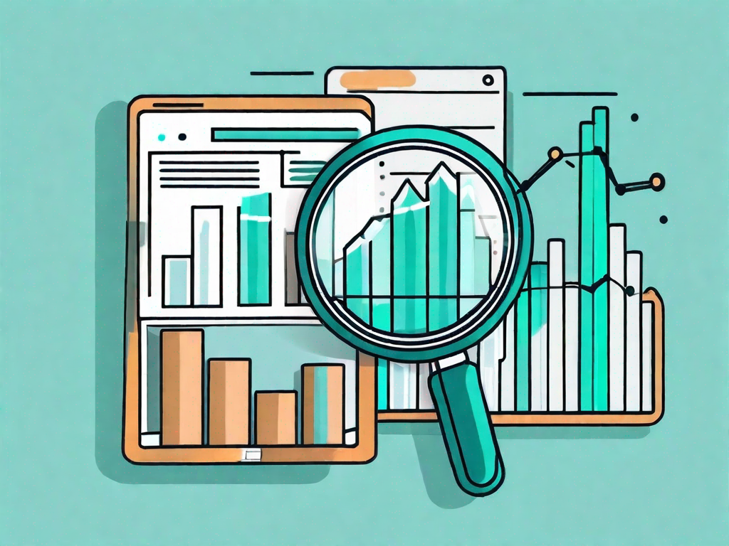 A magnifying glass hovering over a series of bar and pie charts