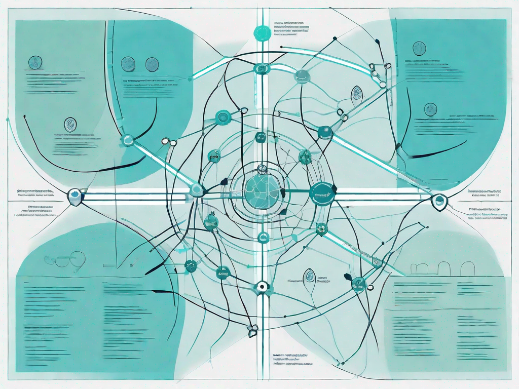 A detailed map with various interconnected nodes and pathways