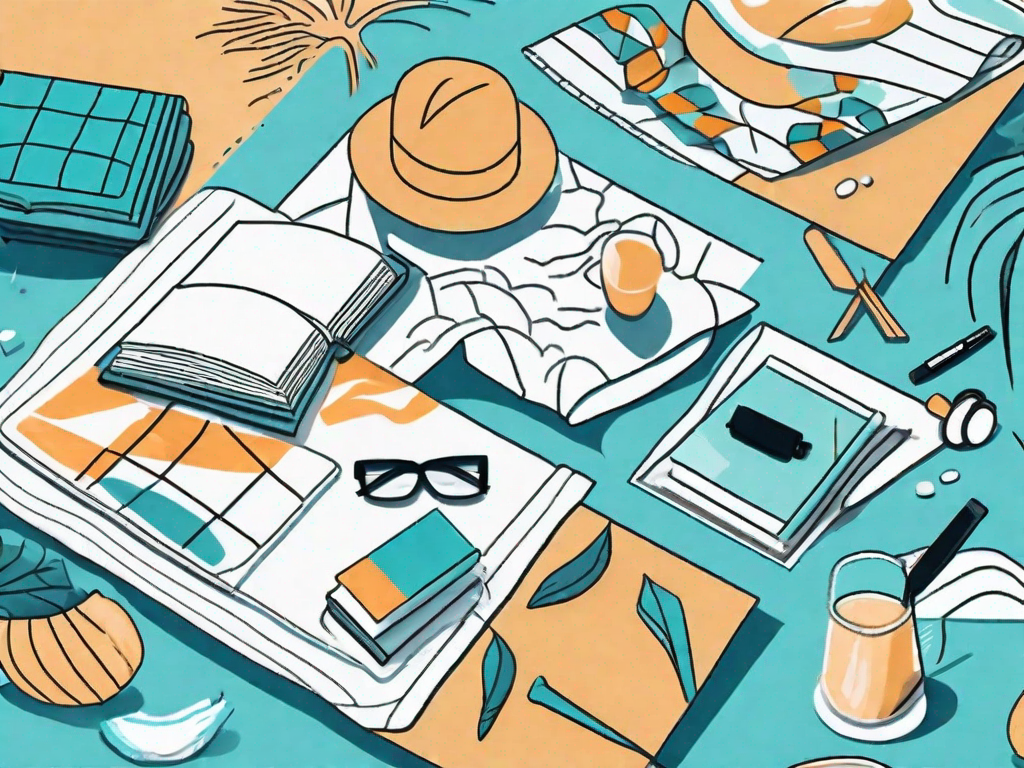 A sunny beach scene with various design tools and ux research books scattered on a picnic blanket