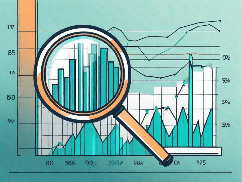 A magnifying glass hovering over a chart with rising bars