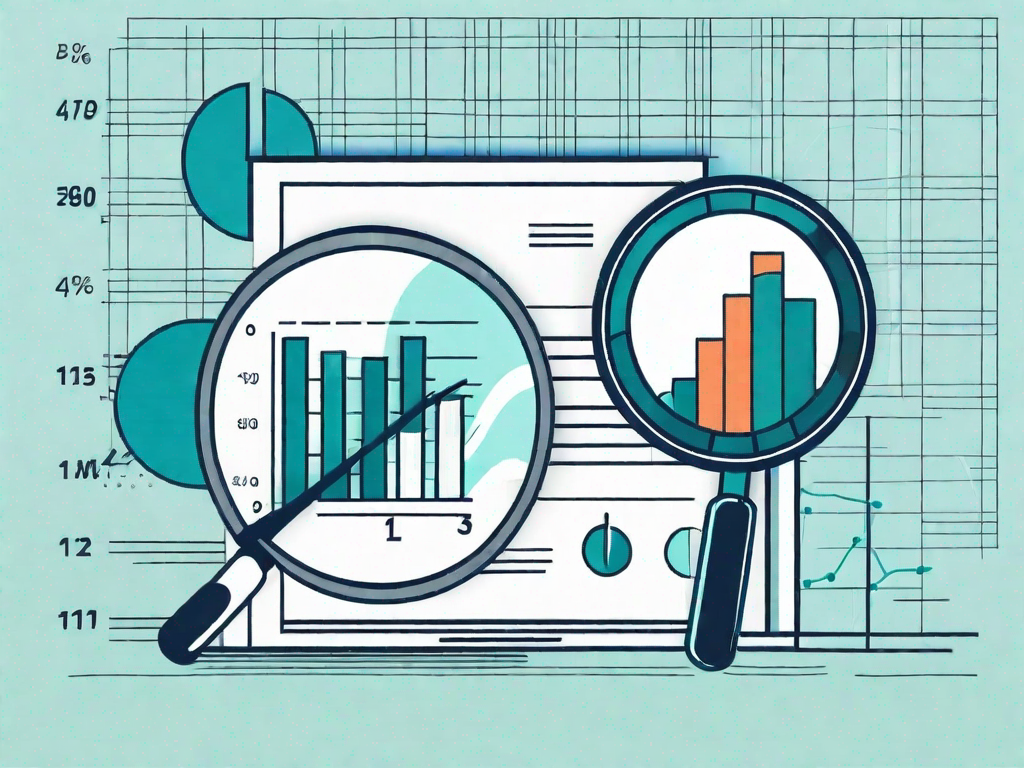 A magnifying glass hovering over a bar graph and pie chart