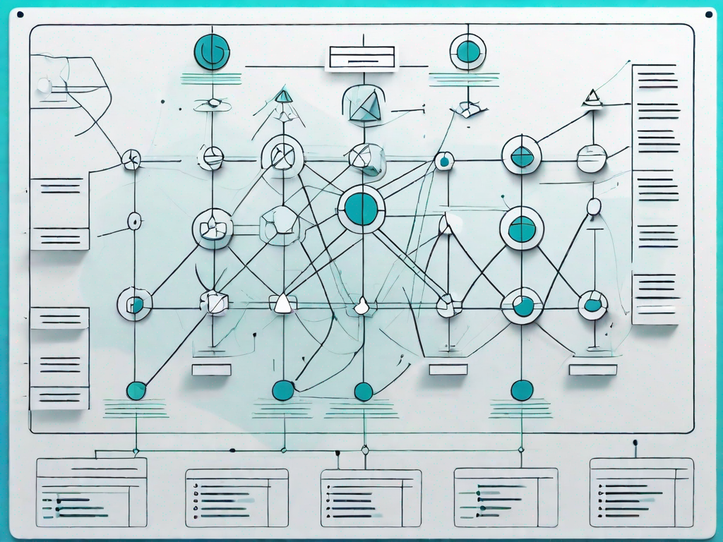 A digital screen displaying an organizational chart with various connected shapes and lines