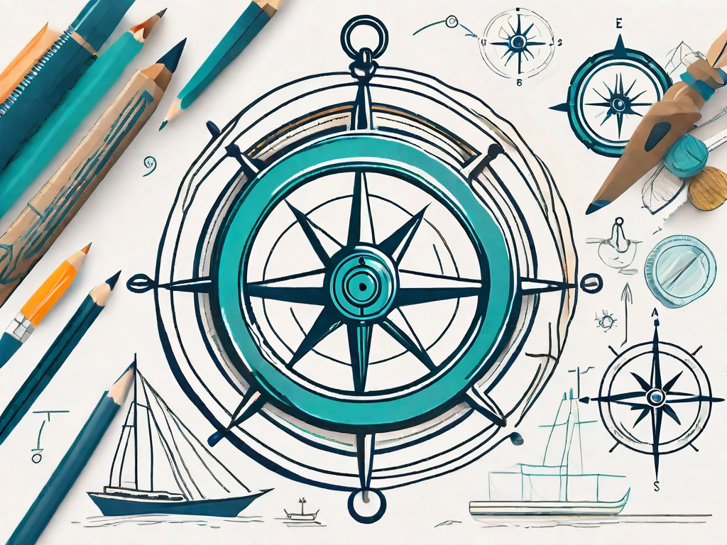 A ship's wheel and a compass