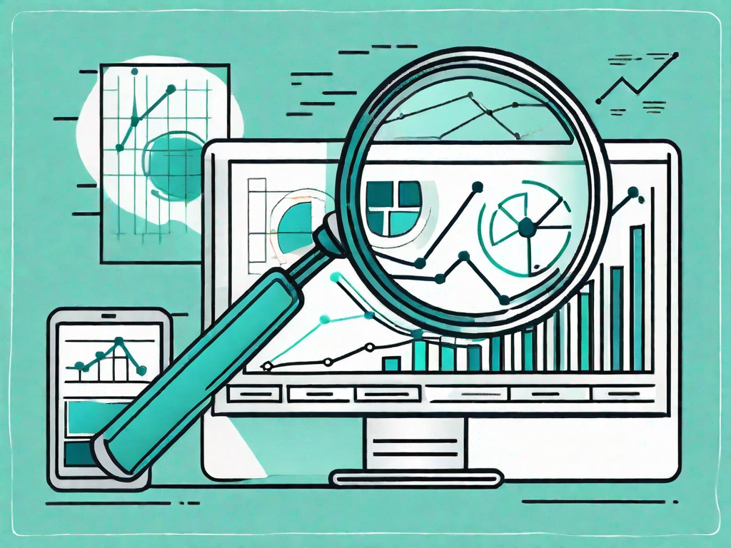 A magnifying glass hovering over a computer screen displaying various charts and graphs